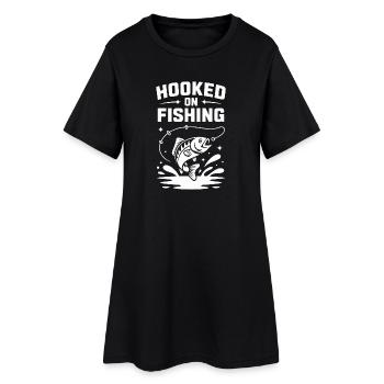 Hooked On Fishing - Angler Spruch - Frauen T-Shirt-Kleid - Schwarz - Vorne