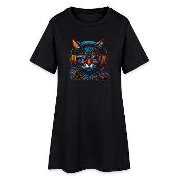Neon DJ-Katze mit Kopfhörern - Frauen T-Shirt-Kleid - Schwarz - Vorne
