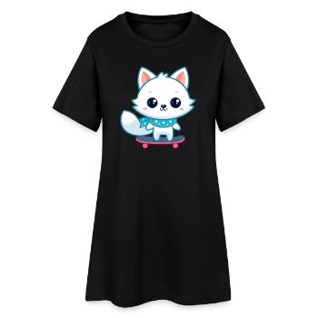 Weißer Fuchs auf blauem Skateboard - Frauen T-Shirt-Kleid - Schwarz - Vorne