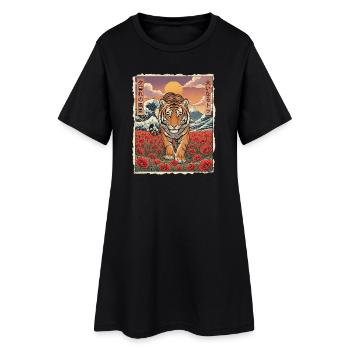 Tiger Mohnblumen Kawaii - Frauen T-Shirt-Kleid - Schwarz - Vorne