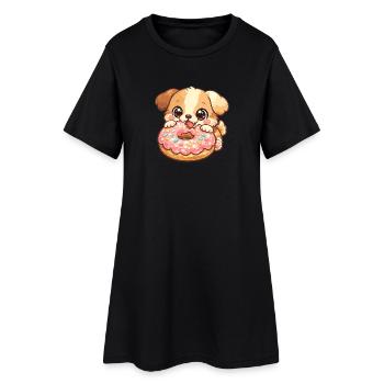 Petit chien et beignet - Robe T-shirt Femme - noir - Devant