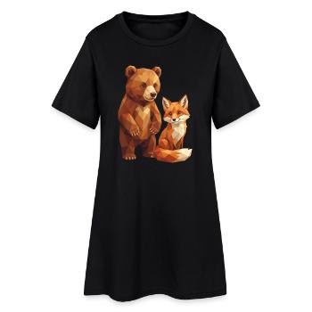 Geometrische Low Poly Bären- und Fuchswaldkunst - Frauen T-Shirt-Kleid - Schwarz - Vorne