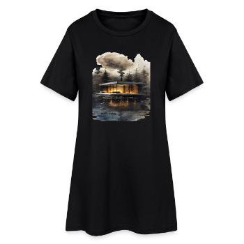 Feuerbeleuchtete moderne Hütte am See - Frauen T-Shirt-Kleid - Schwarz - Vorne