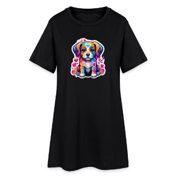 Welpenregenbogen-Glückliches Herz - Frauen T-Shirt-Kleid - Schwarz - Vorne