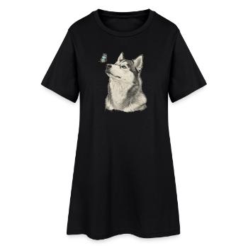 Siberian Husky mit Schmetterling Design Tierfreund - Frauen T-Shirt-Kleid - Schwarz - Vorne