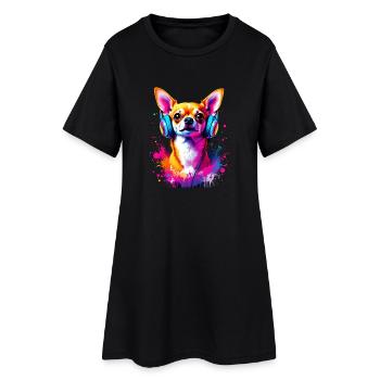 Chihuahua mit Kopfhörer - Frauen T-Shirt-Kleid - Schwarz - Vorne