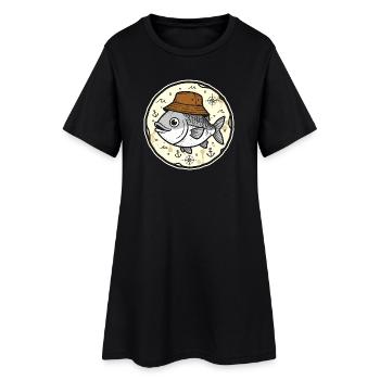 Poisson avec chapeau dans un logo marin rond - Robe T-shirt Femme - noir - Devant