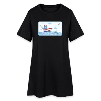 Petit bateau côtier au bord de la mer avec une baleine - Robe T-shirt Femme - noir - Devant