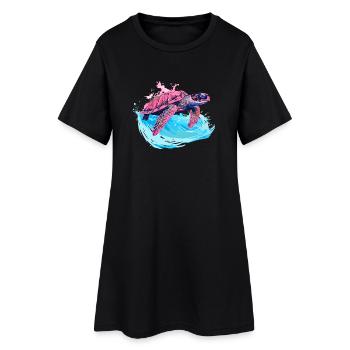 Wilde pinkene Meeresschildkröte in Welle - Frauen T-Shirt-Kleid - Schwarz - Vorne