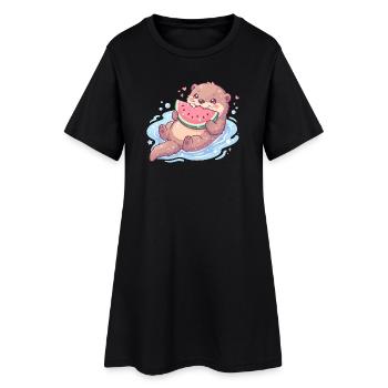Kawaii Otter Eating Watermelon - Women’s T-Shirt Dress - black - Front