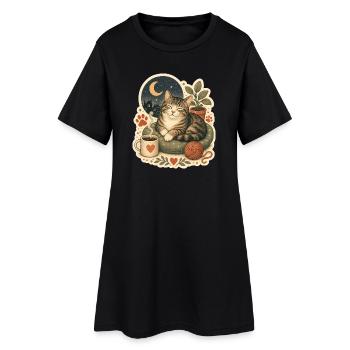 Gemütliche Katze Kaffee Garn - Frauen T-Shirt-Kleid - Schwarz - Vorne