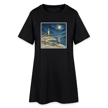 Moonlit Lighthouse Küsten-Retro-Illustration - Frauen T-Shirt-Kleid - Schwarz - Vorne