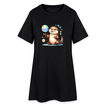 Kawaii Otter Playing with Soap Bubbles – Cute - Women’s T-Shirt Dress - black - Front