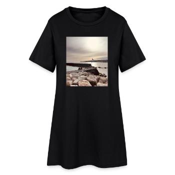 Coucher de soleil sur la jetée et les rochers - Robe T-shirt Femme - noir - Devant