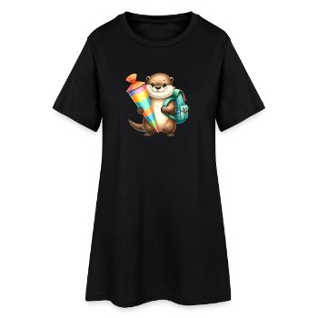 Petite loutre avec cône d’école et sacoche - Robe T-shirt Femme - noir - Devant