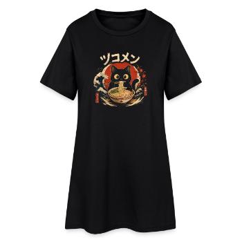 Kawaii Chat Mangeant des Nouilles Ramen drôle  - Robe T-shirt Femme - noir - Devant