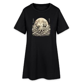 Vintage Oktopus unter Vollmond mit Segelschiff - Frauen T-Shirt-Kleid - Schwarz - Vorne