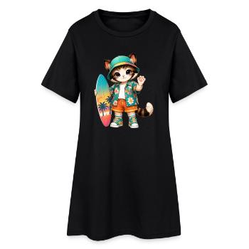 Kawaii tropische Surferkatze - Frauen T-Shirt-Kleid - Schwarz - Vorne