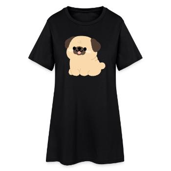 Mops-Plüsch-Anhänger - Frauen T-Shirt-Kleid - Schwarz - Vorne