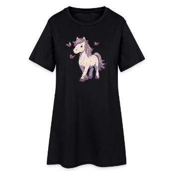 Pony mit Schmetterlingen - Frauen T-Shirt-Kleid - Schwarz - Vorne