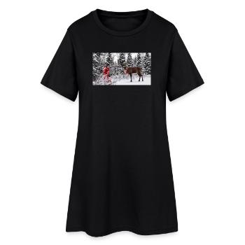 Joie hivernale : le Père Noël et le renne dans la neige - Robe T-shirt Femme - noir - Devant