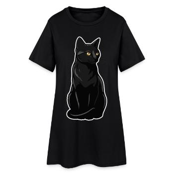 Chat Noir Assis Yeux Jaunes Portrait Élégant - Robe T-shirt Femme - noir - Devant