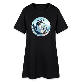 Casual penguin sits on anchor and drinks - Women’s T-Shirt Dress - black - Front