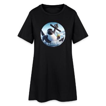 Comic Pinguin lehnt im Anker mit Cocktail - Frauen T-Shirt-Kleid - Schwarz - Vorne