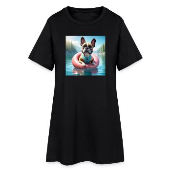Verspielter French Bulldog auf Wasserring - Frauen T-Shirt-Kleid - Schwarz - Vorne