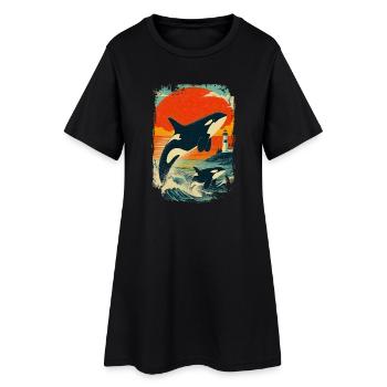 Orque baleine famille phare Vintage coucher de soleil - Robe T-shirt Femme - noir - Devant