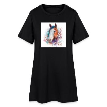 Aquarell Pferdeblüten-Porträt - Frauen T-Shirt-Kleid - Schwarz - Vorne