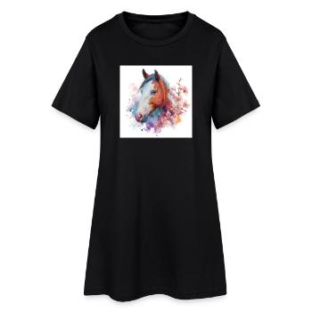 Watercolor Horse Bloom Portrait - Women’s T-Shirt Dress - black - Front