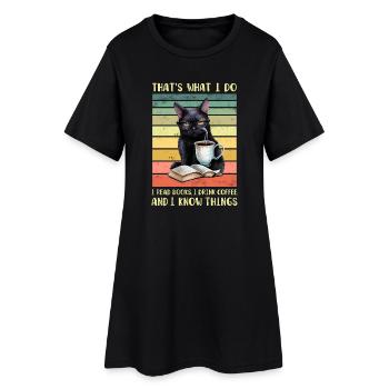 Schwarze Katze mit Kaffee und Buch - Frauen T-Shirt-Kleid - Schwarz - Vorne
