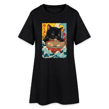 Süße Katze isst Ramen - Frauen T-Shirt-Kleid - Schwarz - Vorne