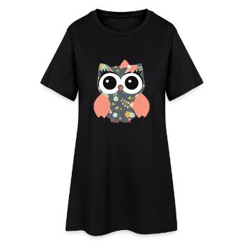 Eule Mona - Frauen T-Shirt-Kleid - Schwarz - Vorne