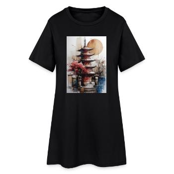 Zen-Sonne-Aquarellpagode - Frauen T-Shirt-Kleid - Schwarz - Vorne