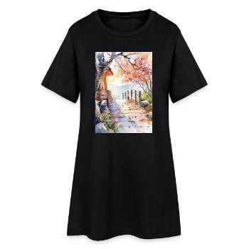 Blumenpfad in Aquarell - Frauen T-Shirt-Kleid - Schwarz - Vorne