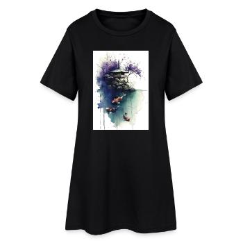Aquarell-Koi und Kirschpagode - Frauen T-Shirt-Kleid - Schwarz - Vorne