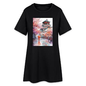 Japanische Pagode und Kirschblüten - Frauen T-Shirt-Kleid - Schwarz - Vorne