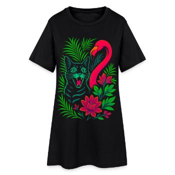 Chat tropical et flamant rose - Été 2025 - Robe T-shirt Femme - noir - Devant