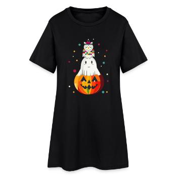 Owl and Ghost on the Pumpkin – Halloween Motif - Women’s T-Shirt Dress - black - Front