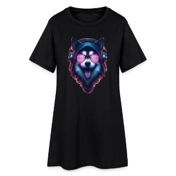 Fröhlicher Hund mit Sonnenbrille und Kopfhörer - Frauen T-Shirt-Kleid - Schwarz - Vorne