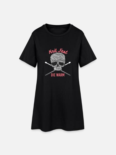 Stricken - Stricken T-Shirt "Knit Fast Die Warm" - Frauen T-Shirt-Kleid - Schwarz