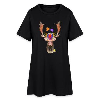 blumenmuster, hirschkopf, waldtiere - Frauen T-Shirt-Kleid - Schwarz - Vorne