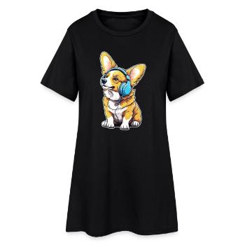 Corgi mit Kopfhörern - Frauen T-Shirt-Kleid - Schwarz - Vorne