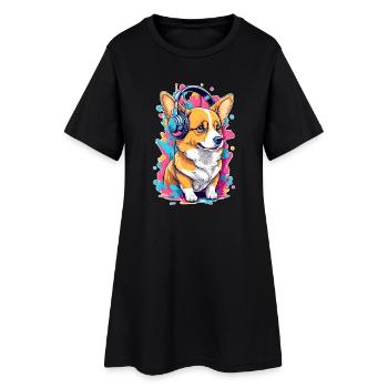 Corgi écoute de la musique - Robe T-shirt Femme - noir - Devant