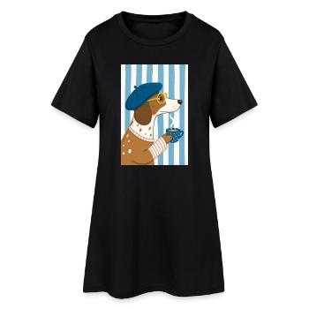 Schicker Hundekaffee und Baskenmütze - Frauen T-Shirt-Kleid - Schwarz - Vorne