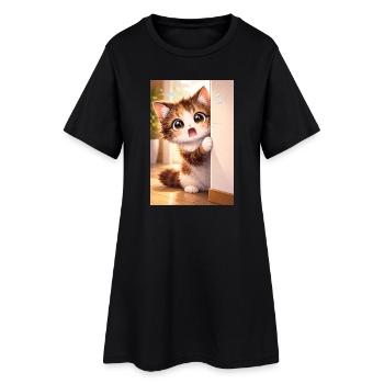 Kätzchen Peek im Türrahmen - Frauen T-Shirt-Kleid - Schwarz - Vorne