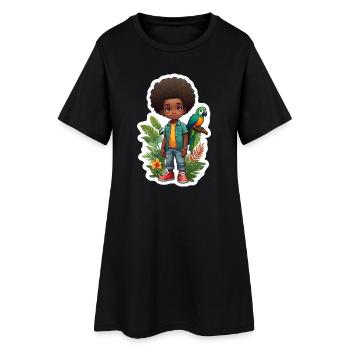 Kind mit Papagei umgeben von tropischer Natur - Frauen T-Shirt-Kleid - Schwarz - Vorne