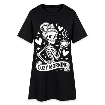Squelette avec café Cozy Morning - Robe T-shirt Femme - noir - Devant
